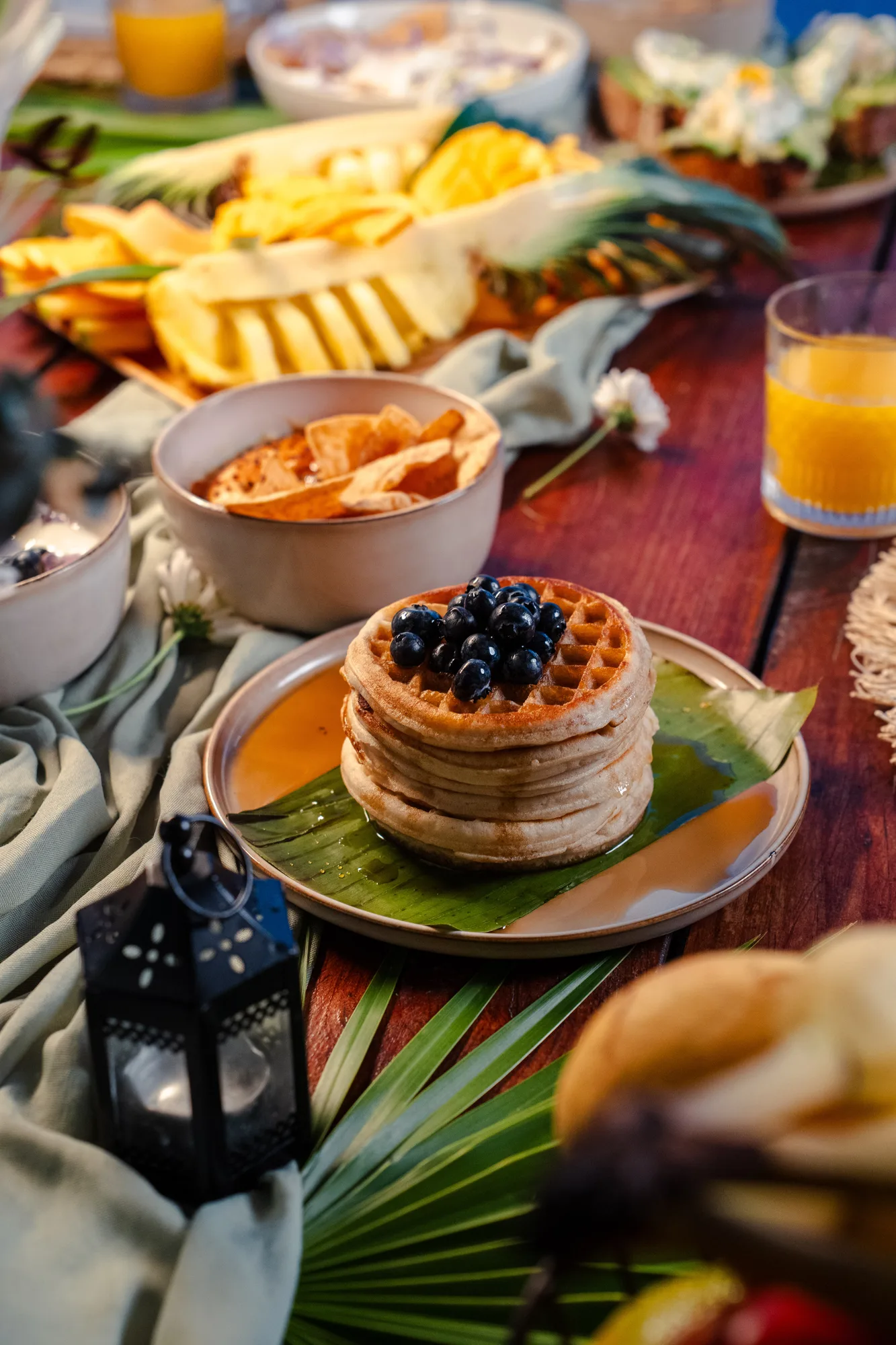 Stacked waffles with berries